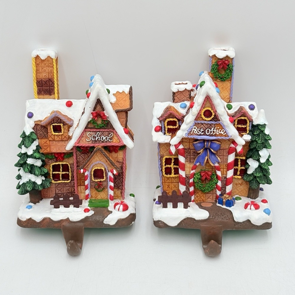 VTG Sterling Gingerbread Village Christmas Stocking Holders School  Post Office